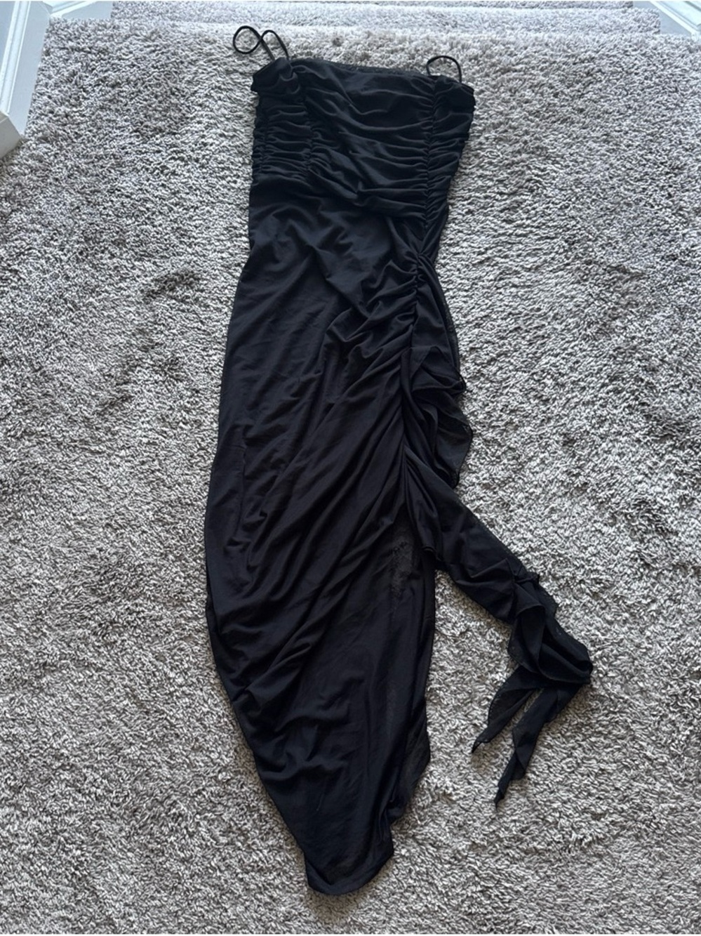 Black Ruched Asymmetric Strap Dress